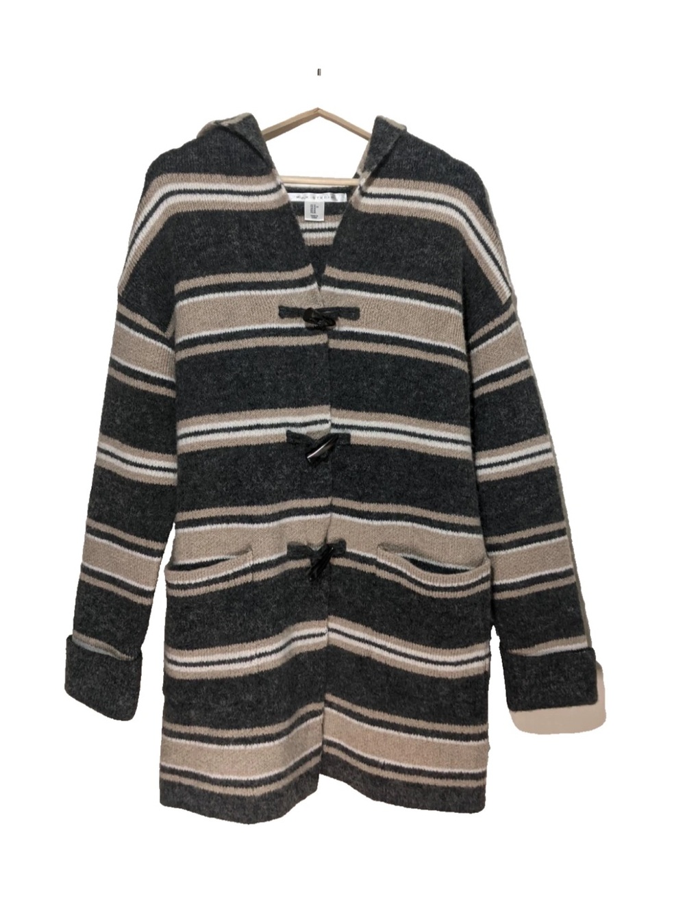 Max Studio Hooded Striped Toggle Coat in Charcoal, Tan & Cream